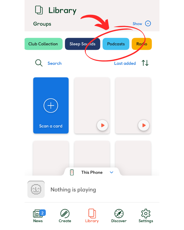 Screen shot of where to find the podcast menu in the yoto app