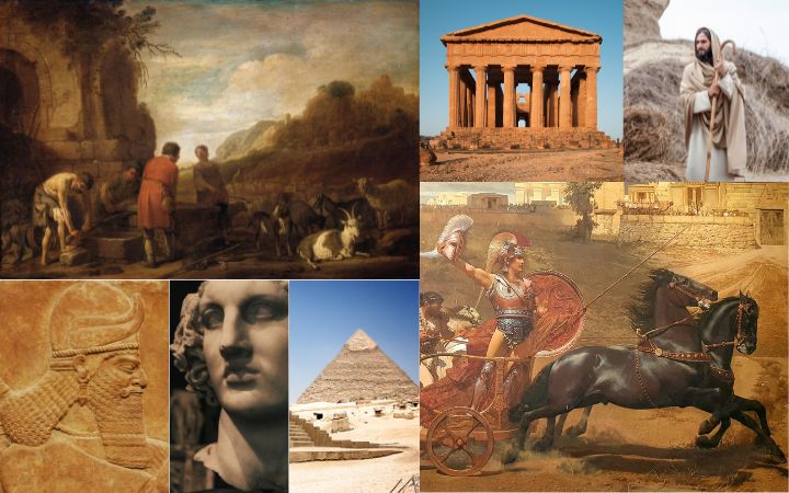 Collage of ancient and biblical figures . Greek temple, shepherds, hamurrabi, alexander the great